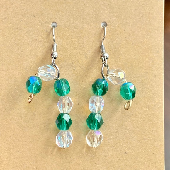 Green & Clear Faceted Beads Candy Cane Earrings - Picture 5 of 7
